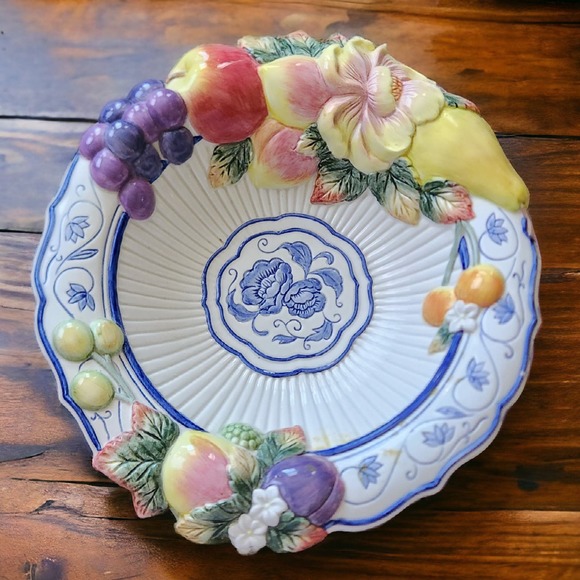 Fitz and Floyd Vintage Spring Bowl Majolica 3D Compote Embossed Fruit - Picture 2 of 5